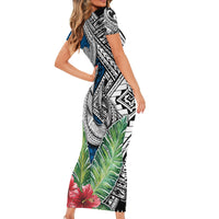 Polynesian Family Matching Short Sleeve Bodycon Dress and Hawaiian Shirt Whale Pattern and Hibiscus Flowers - Wonder Print Shop
