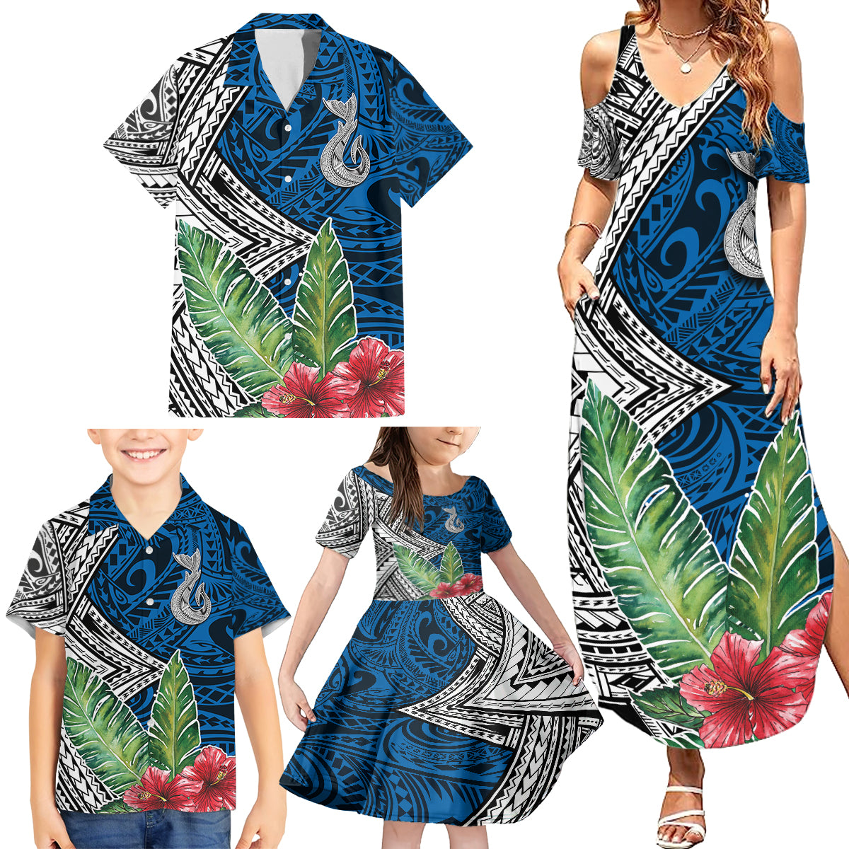 Polynesian Family Matching Summer Maxi Dress and Hawaiian Shirt Whale Pattern and Hibiscus Flowers - Wonder Print Shop
