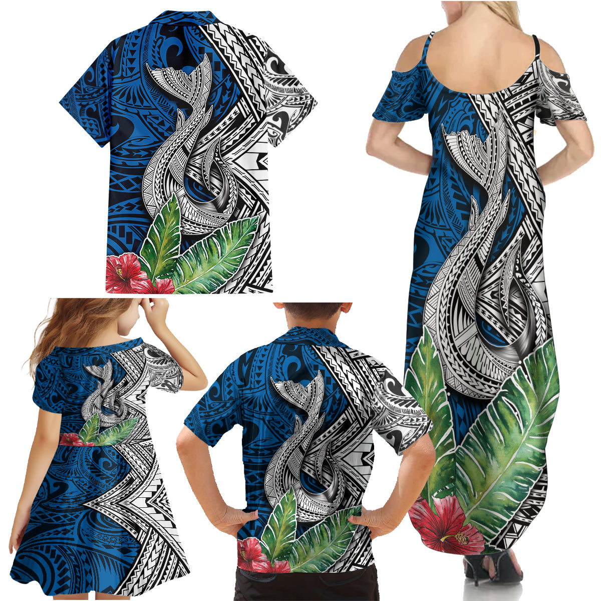 Polynesian Family Matching Summer Maxi Dress and Hawaiian Shirt Whale Pattern and Hibiscus Flowers - Wonder Print Shop