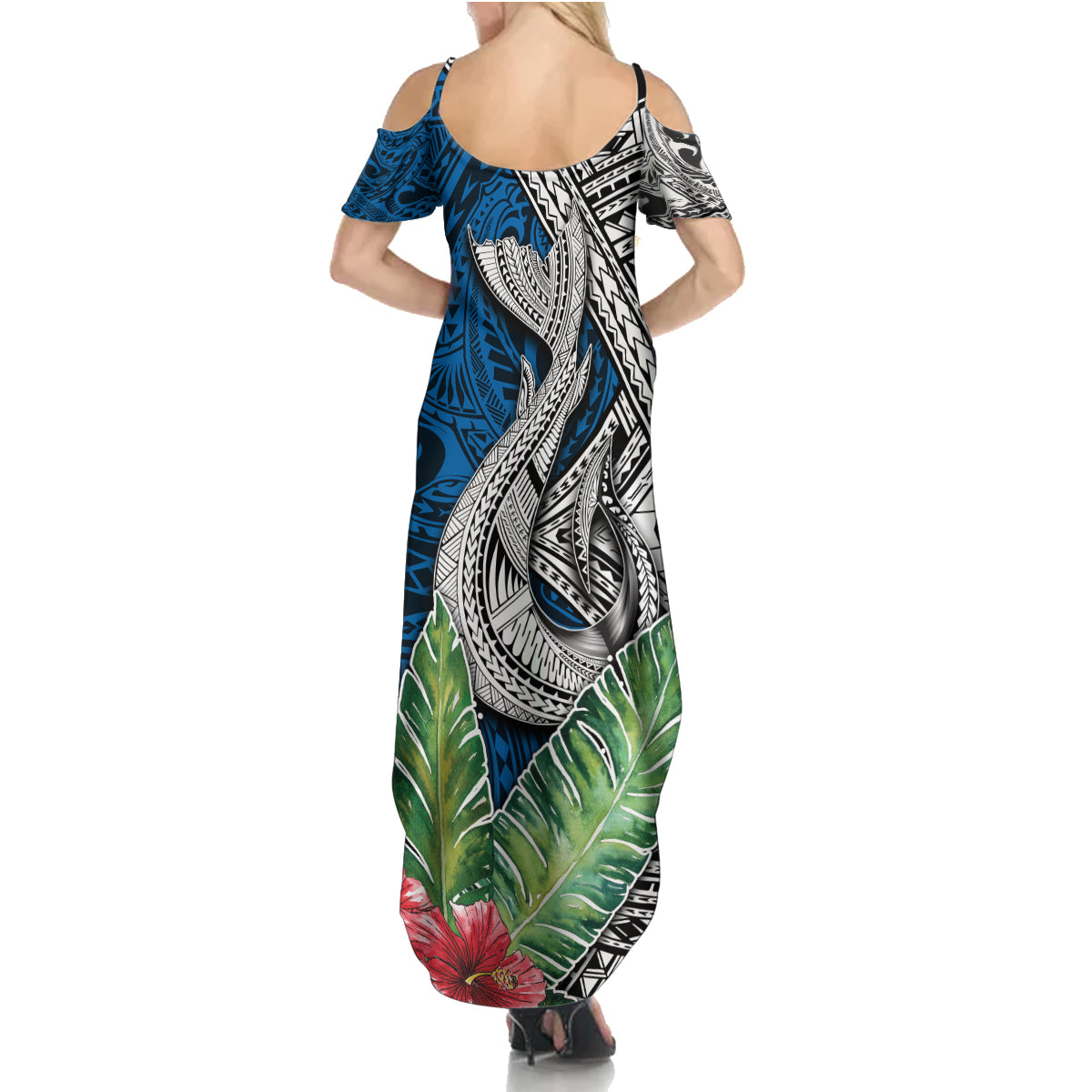 Polynesian Family Matching Summer Maxi Dress and Hawaiian Shirt Whale Pattern and Hibiscus Flowers - Wonder Print Shop