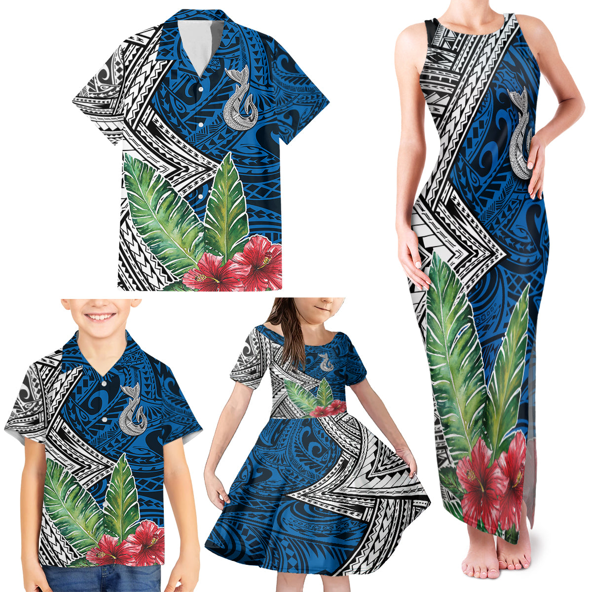 Polynesian Family Matching Tank Maxi Dress and Hawaiian Shirt Whale Pattern and Hibiscus Flowers - Wonder Print Shop