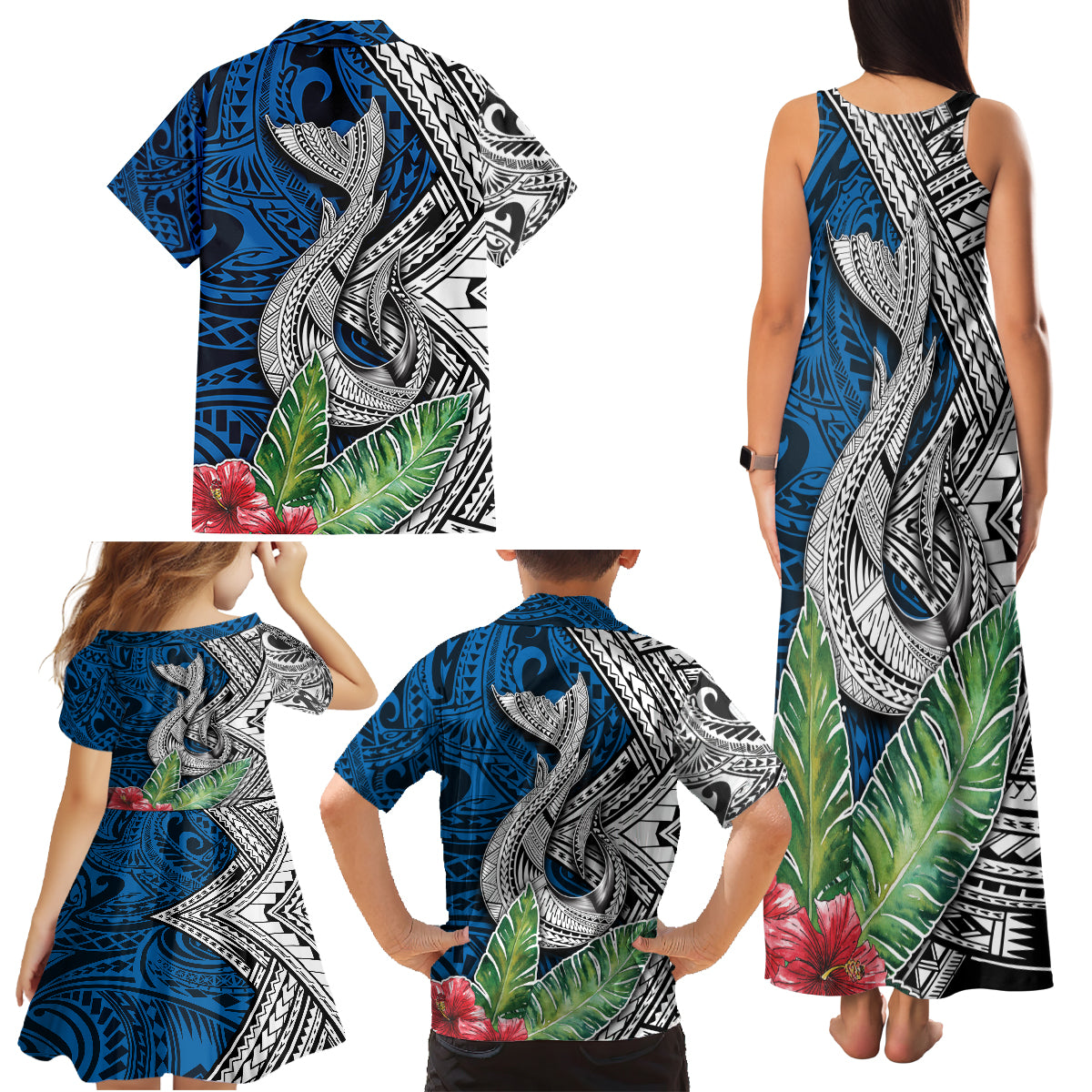 Polynesian Family Matching Tank Maxi Dress and Hawaiian Shirt Whale Pattern and Hibiscus Flowers - Wonder Print Shop