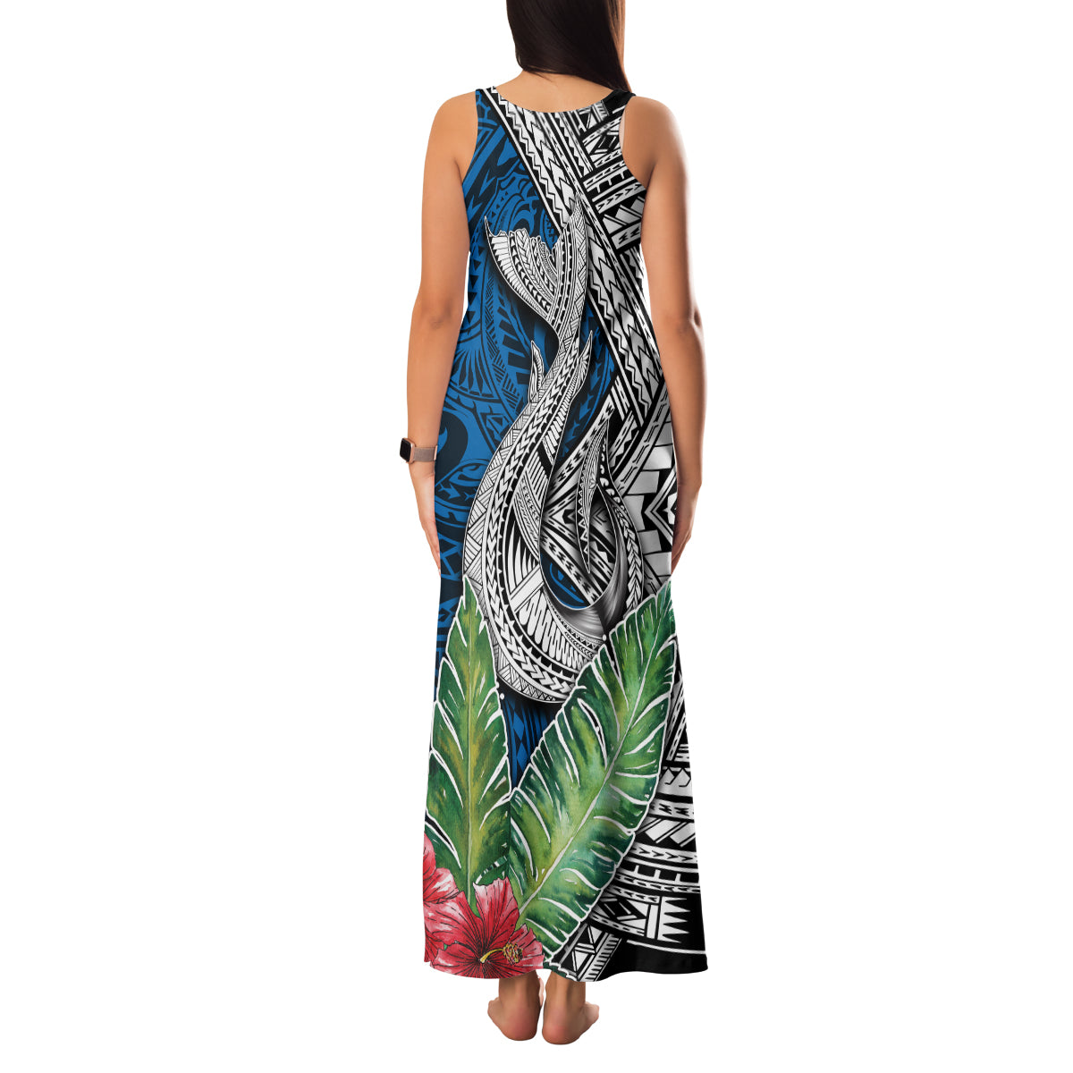 Polynesian Family Matching Tank Maxi Dress and Hawaiian Shirt Whale Pattern and Hibiscus Flowers - Wonder Print Shop