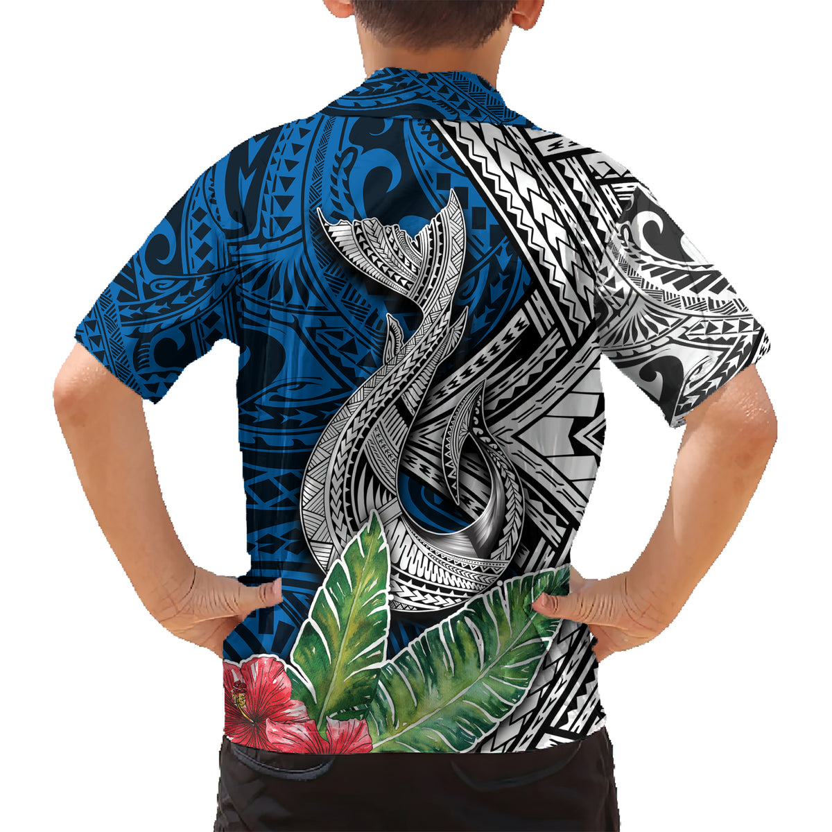 Polynesian Kid Hawaiian Shirt Whale Pattern and Hibiscus Flowers - Wonder Print Shop