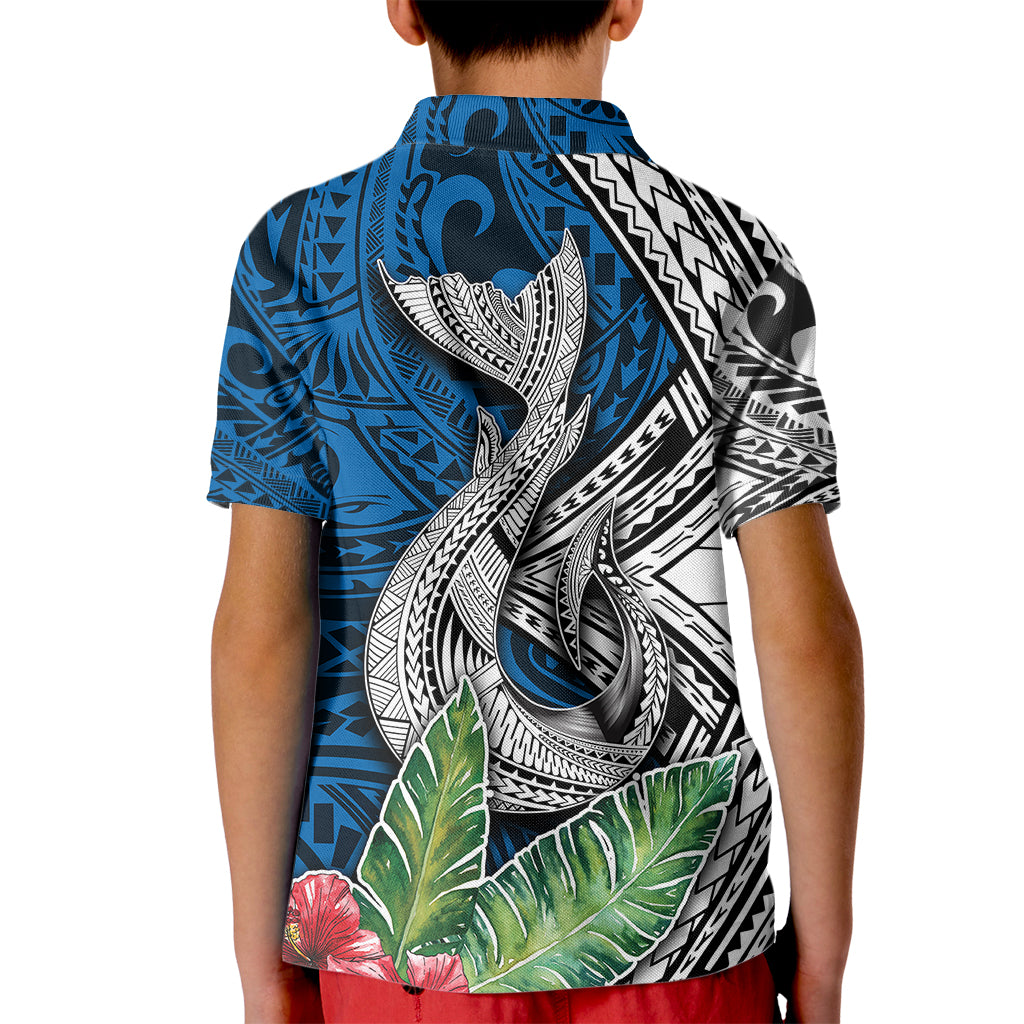 Polynesian Kid Polo Shirt Whale Pattern and Hibiscus Flowers - Wonder Print Shop