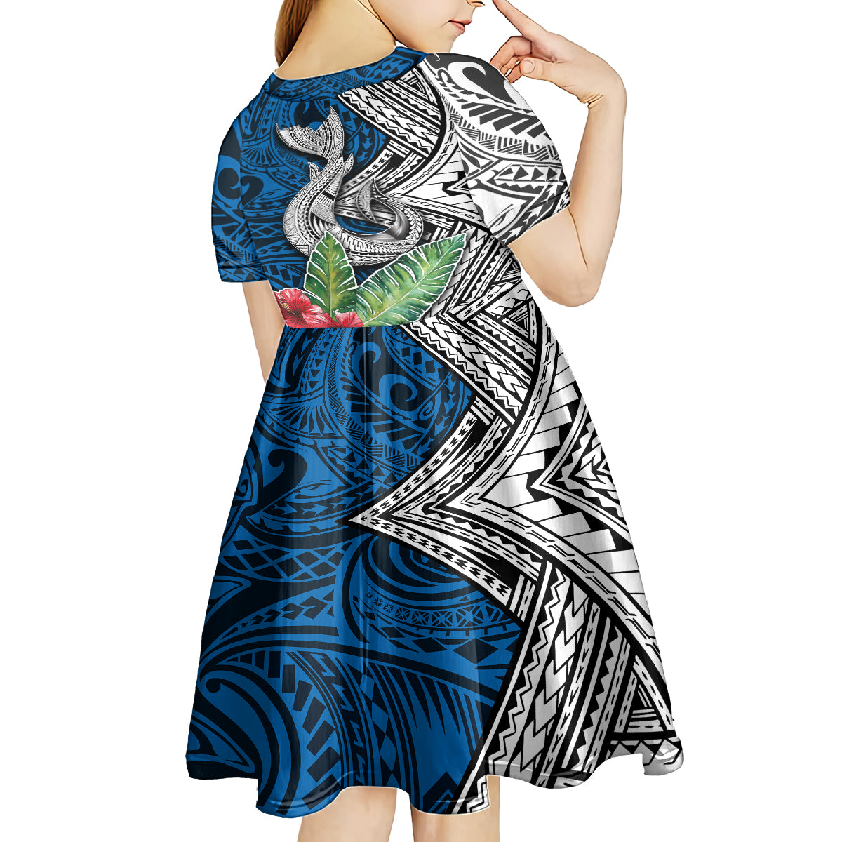 Polynesian Kid Short Sleeve Dress Whale Pattern and Hibiscus Flowers - Wonder Print Shop