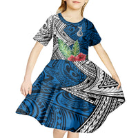 Polynesian Kid Short Sleeve Dress Whale Pattern and Hibiscus Flowers - Wonder Print Shop