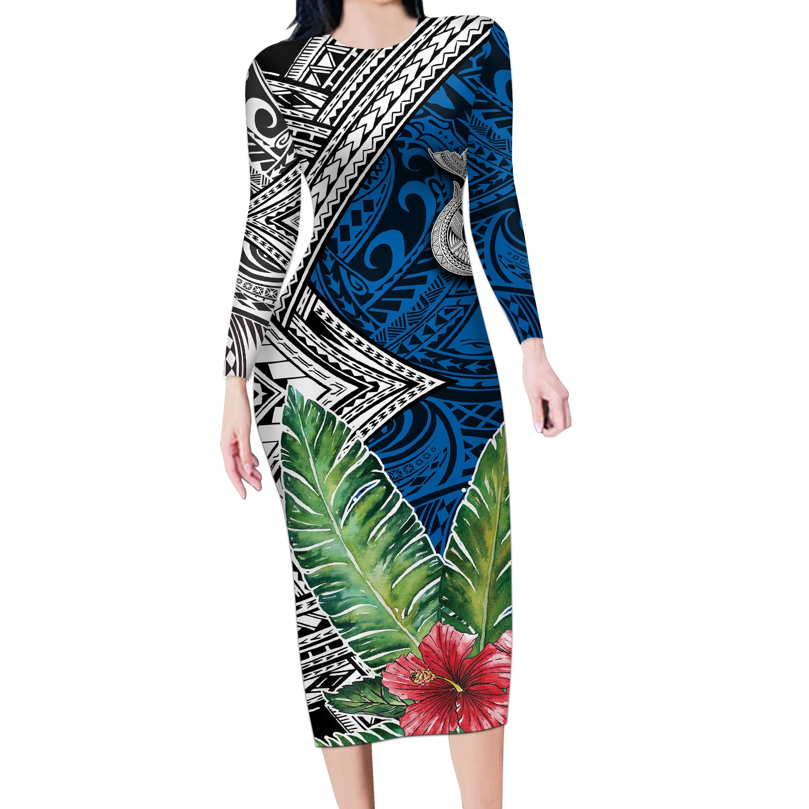 Polynesian Long Sleeve Bodycon Dress Whale Pattern and Hibiscus Flowers - Wonder Print Shop