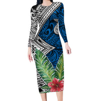Polynesian Long Sleeve Bodycon Dress Whale Pattern and Hibiscus Flowers - Wonder Print Shop