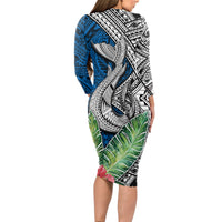 Polynesian Long Sleeve Bodycon Dress Whale Pattern and Hibiscus Flowers - Wonder Print Shop