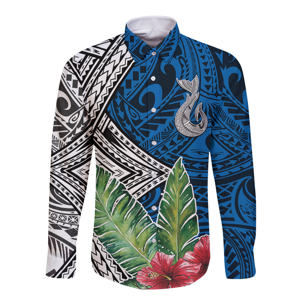 Polynesian Long Sleeve Button Shirt Whale Pattern and Hibiscus Flowers - Wonder Print Shop