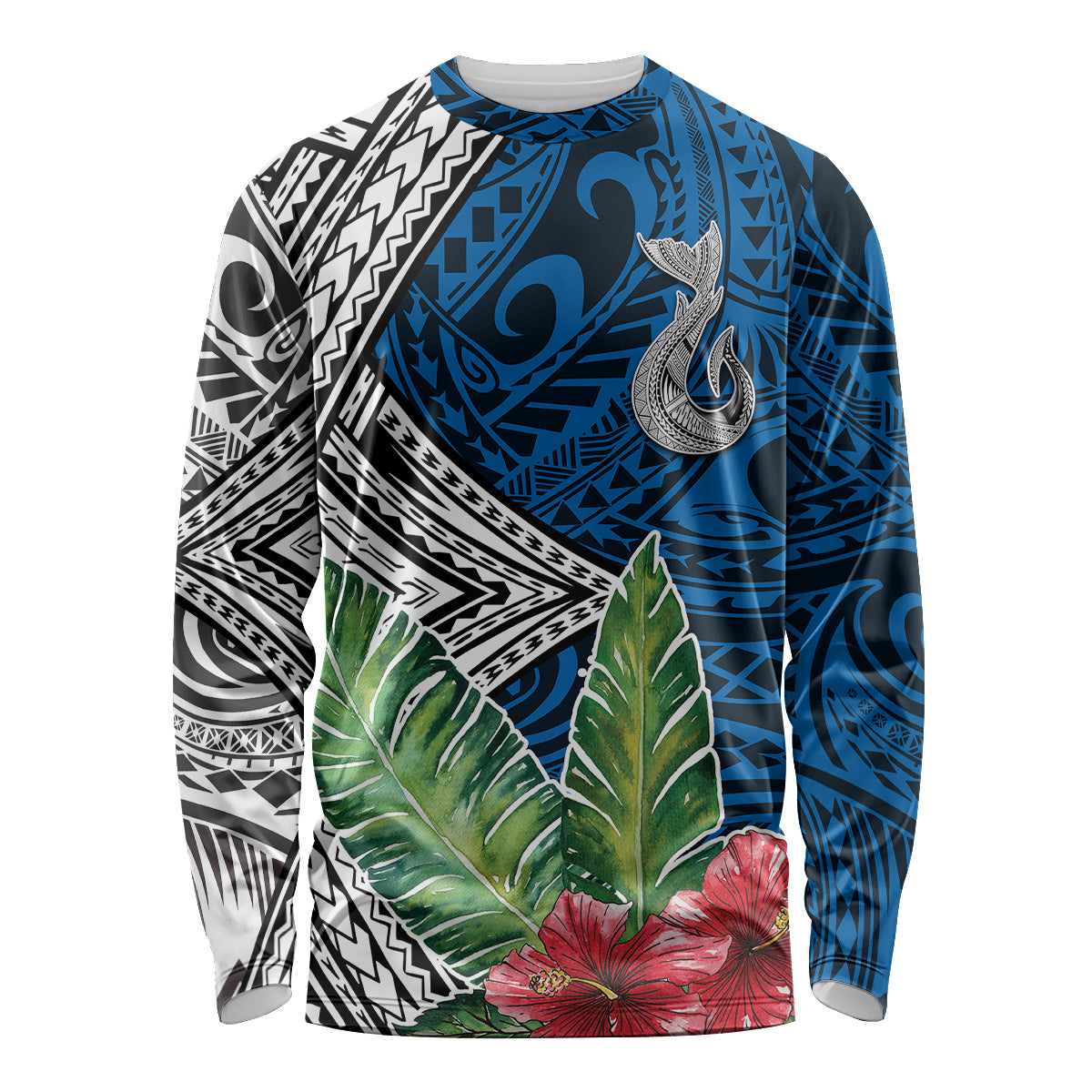 Polynesian Long Sleeve Shirt Whale Pattern and Hibiscus Flowers - Wonder Print Shop