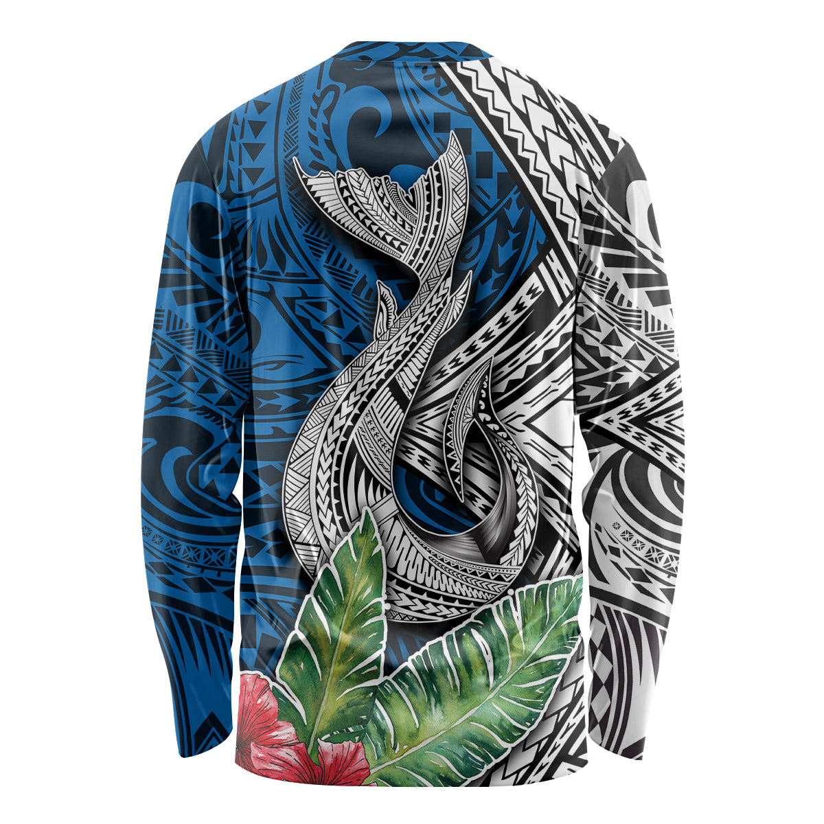 Polynesian Long Sleeve Shirt Whale Pattern and Hibiscus Flowers - Wonder Print Shop