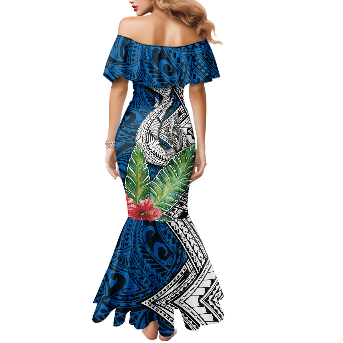 Polynesian Mermaid Dress Whale Pattern and Hibiscus Flowers - Wonder Print Shop