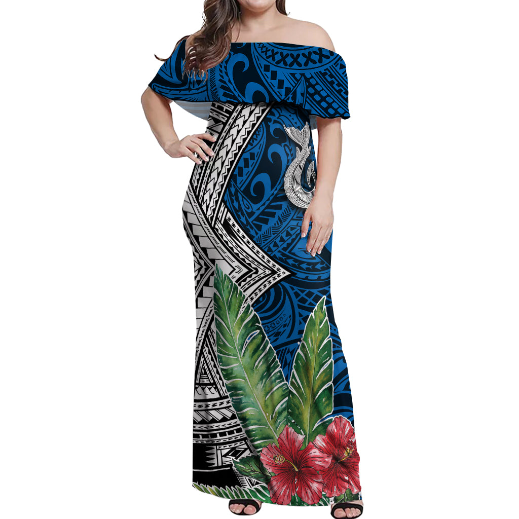 Polynesian Off Shoulder Maxi Dress Whale Pattern and Hibiscus Flowers - Wonder Print Shop