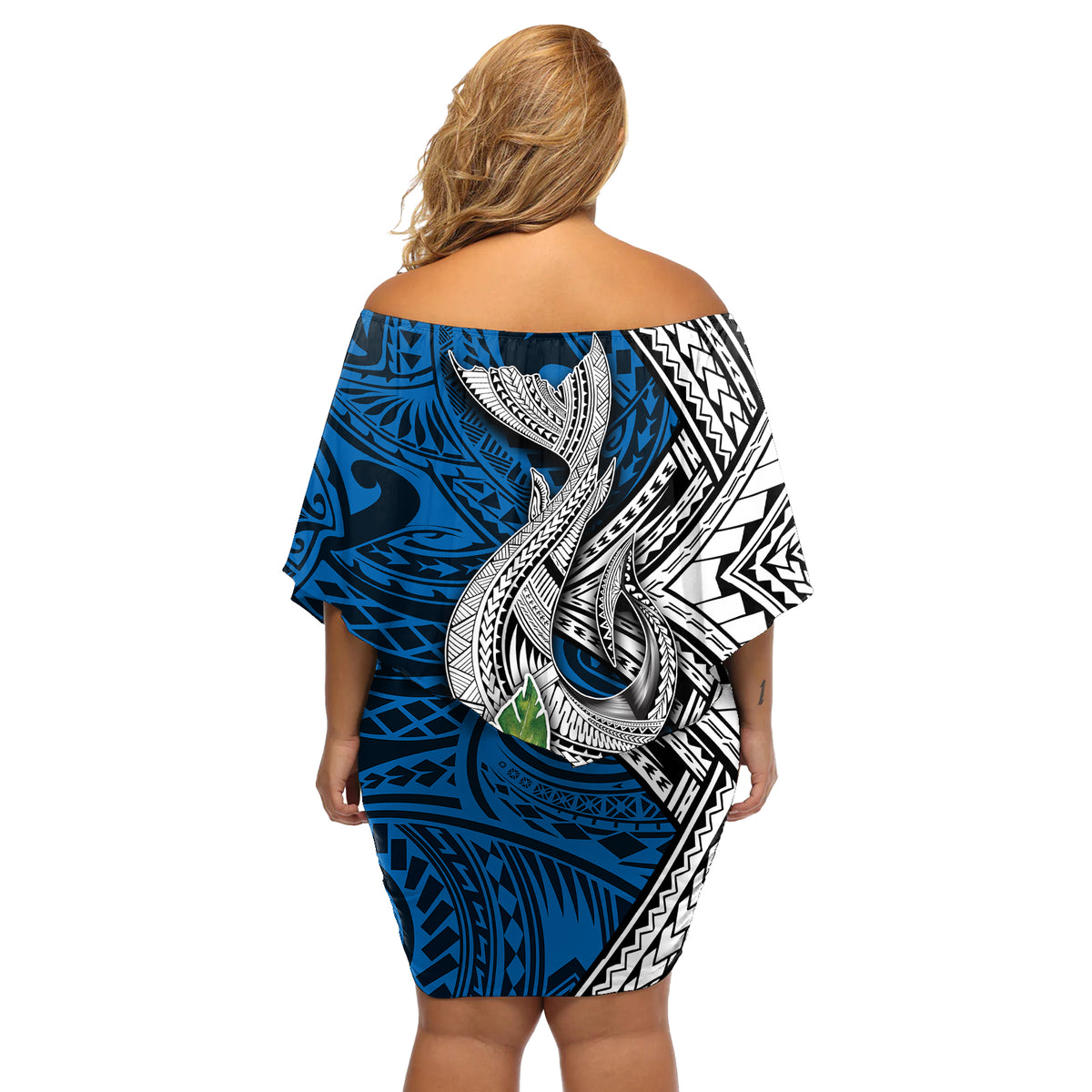 Polynesian Off Shoulder Short Dress Whale Pattern and Hibiscus Flowers - Wonder Print Shop