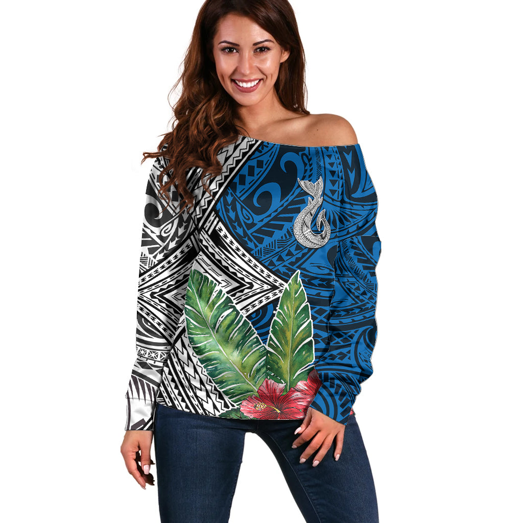 Polynesian Off Shoulder Sweater Whale Pattern and Hibiscus Flowers - Wonder Print Shop