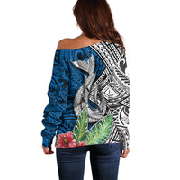 Polynesian Off Shoulder Sweater Whale Pattern and Hibiscus Flowers - Wonder Print Shop