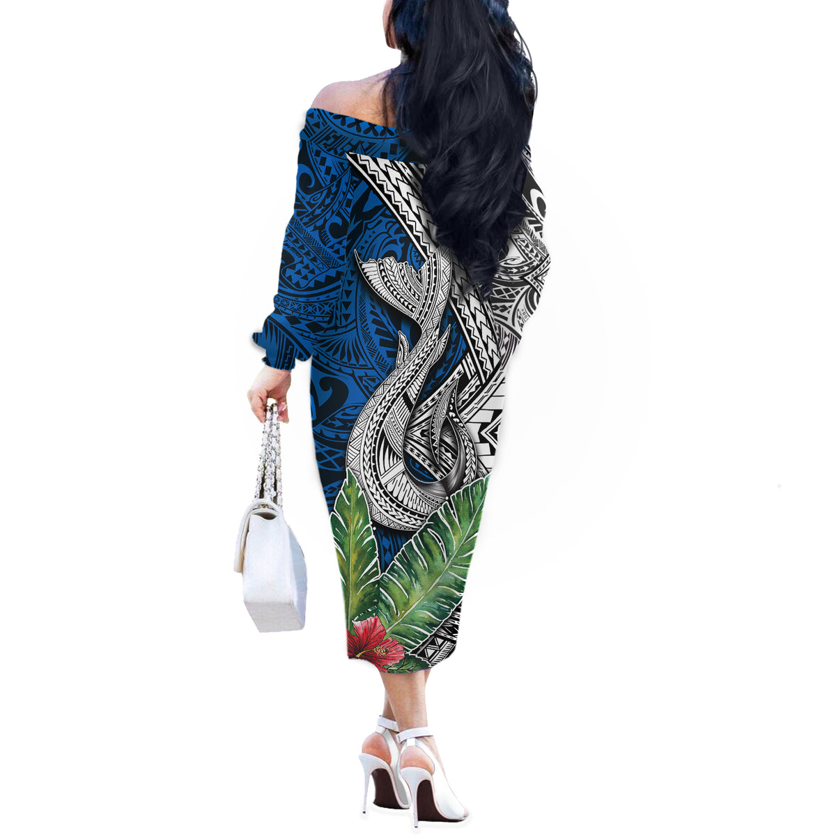 Polynesian Off The Shoulder Long Sleeve Dress Whale Pattern and Hibiscus Flowers - Wonder Print Shop