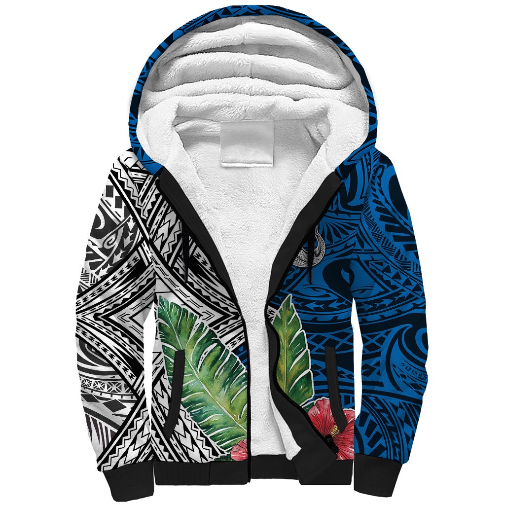 Polynesian Sherpa Hoodie Whale Pattern and Hibiscus Flowers - Wonder Print Shop