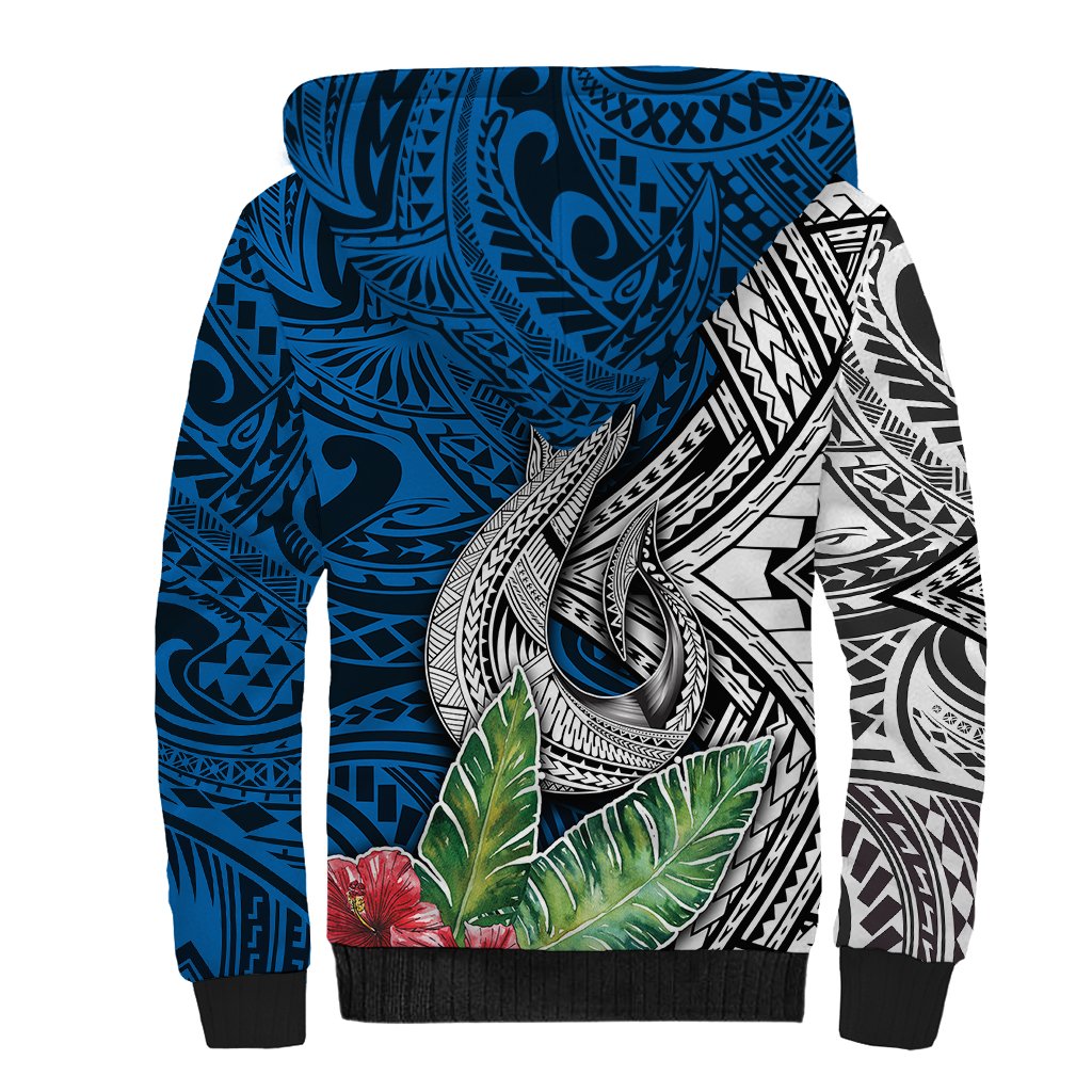 Polynesian Sherpa Hoodie Whale Pattern and Hibiscus Flowers - Wonder Print Shop