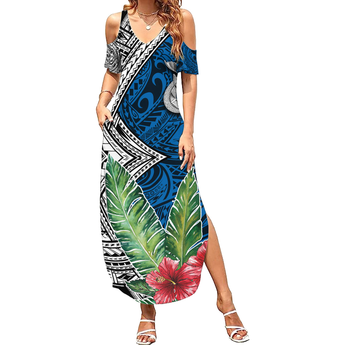 Polynesian Summer Maxi Dress Whale Pattern and Hibiscus Flowers - Wonder Print Shop