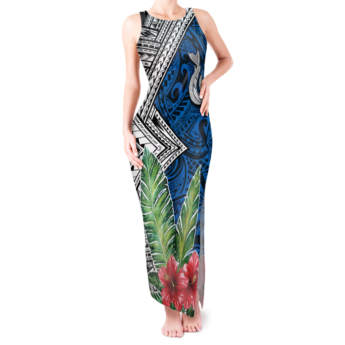 Polynesian Tank Maxi Dress Whale Pattern and Hibiscus Flowers - Wonder Print Shop