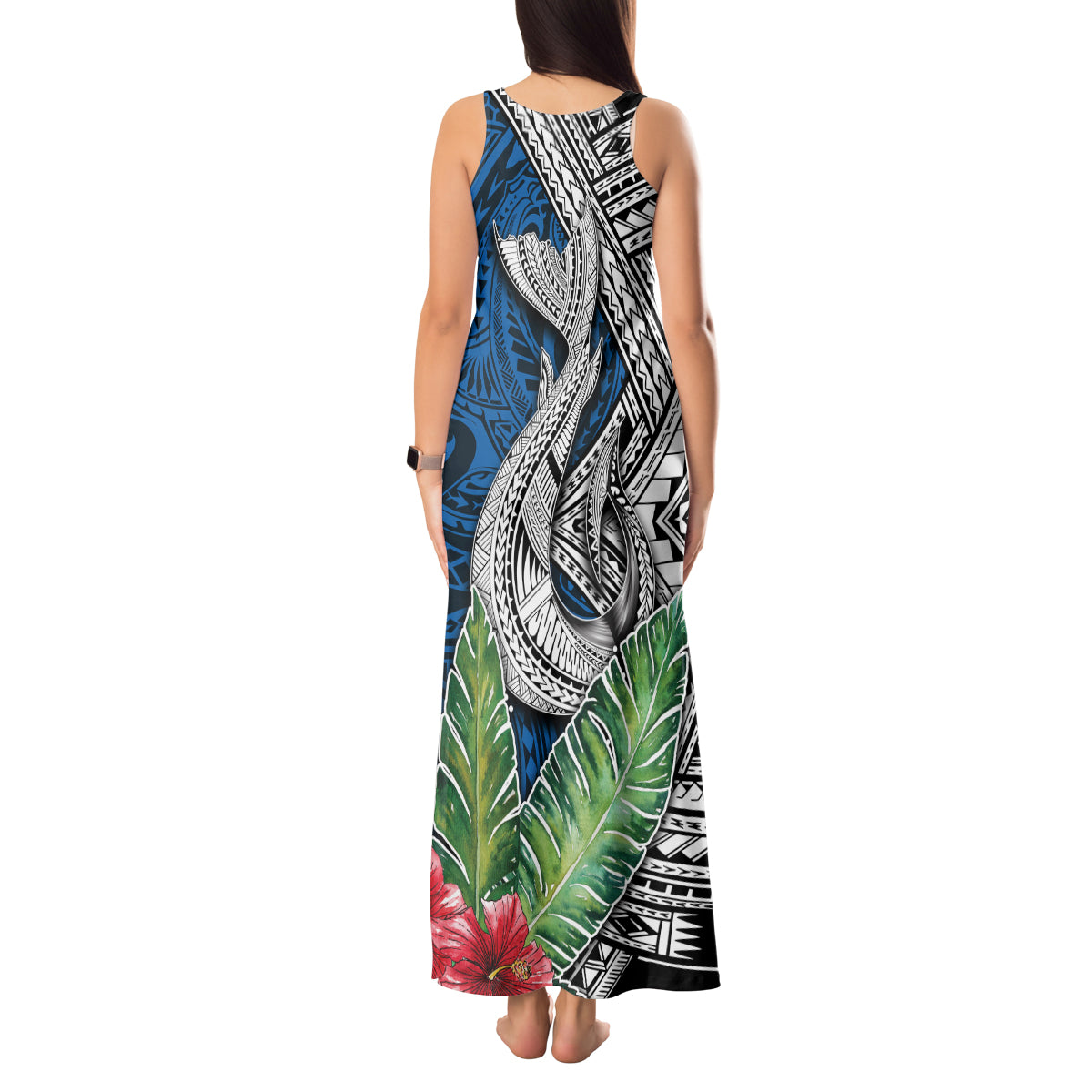 Polynesian Tank Maxi Dress Whale Pattern and Hibiscus Flowers - Wonder Print Shop