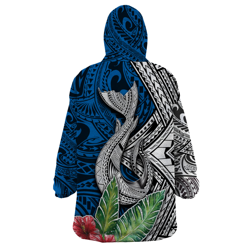 Polynesian Wearable Blanket Hoodie Whale Pattern and Hibiscus Flowers - Wonder Print Shop