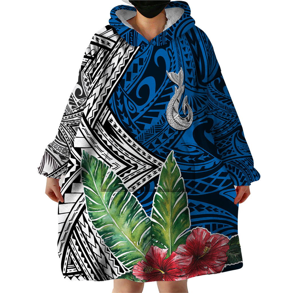 Polynesian Wearable Blanket Hoodie Whale Pattern and Hibiscus Flowers - Wonder Print Shop