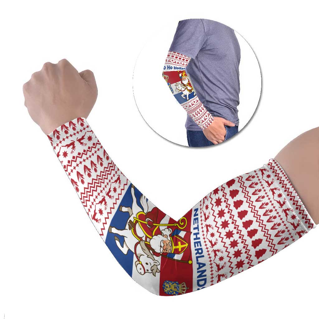 Netherlands Christmas Arm Sleeves with Sinterklaas Horse Dutch Flag and Festive Knit Pattern - Wonder Print Shop
