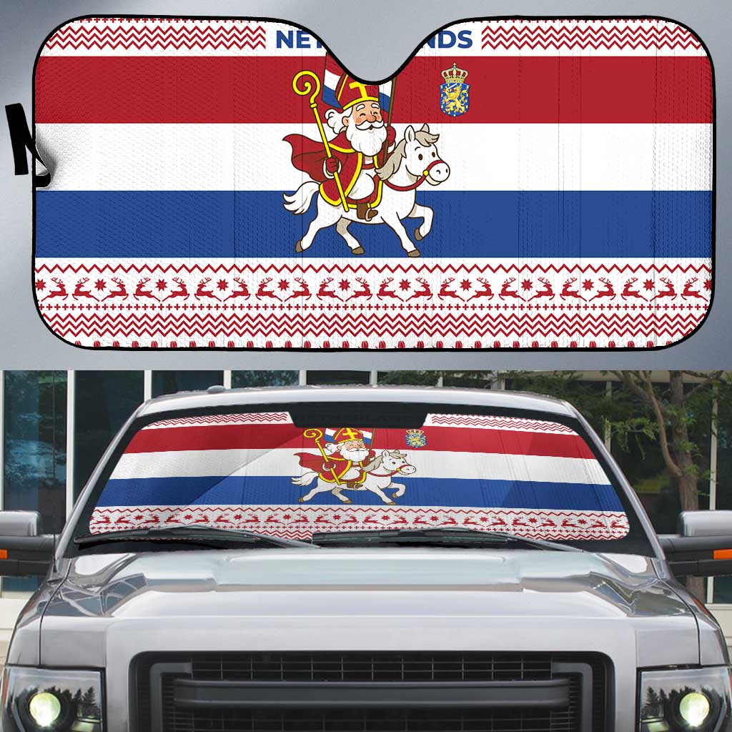 Netherlands Christmas Auto Sun Shade with Sinterklaas Horse Dutch Flag and Festive Knit Pattern - Wonder Print Shop