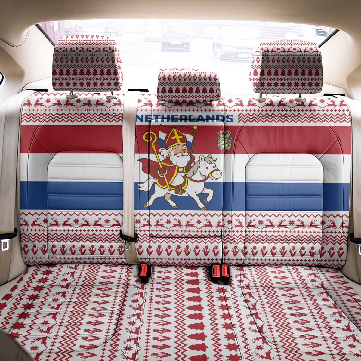 Netherlands Christmas Back Car Seat Cover with Sinterklaas Horse Dutch Flag and Festive Knit Pattern - Wonder Print Shop