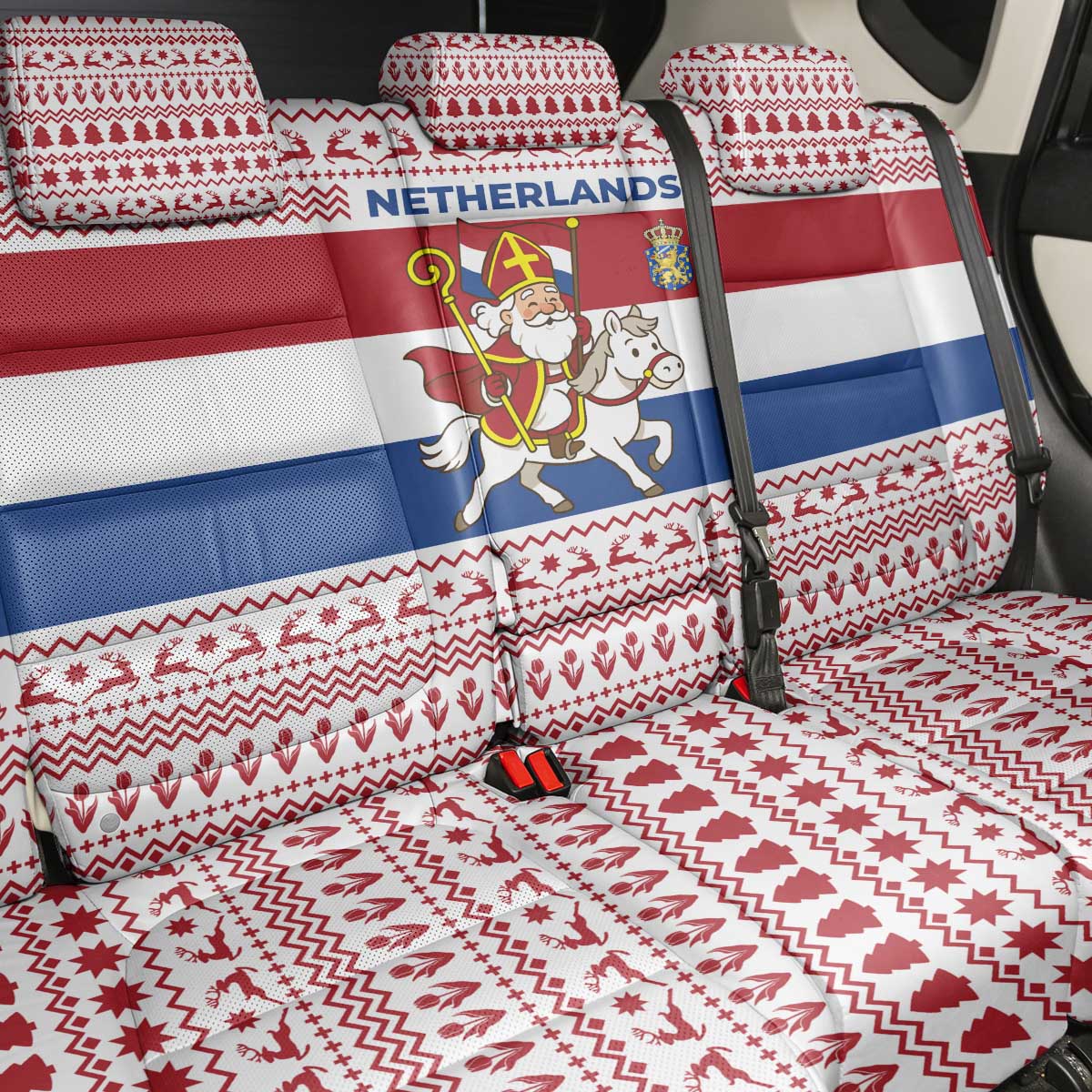 Netherlands Christmas Back Car Seat Cover with Sinterklaas Horse Dutch Flag and Festive Knit Pattern - Wonder Print Shop
