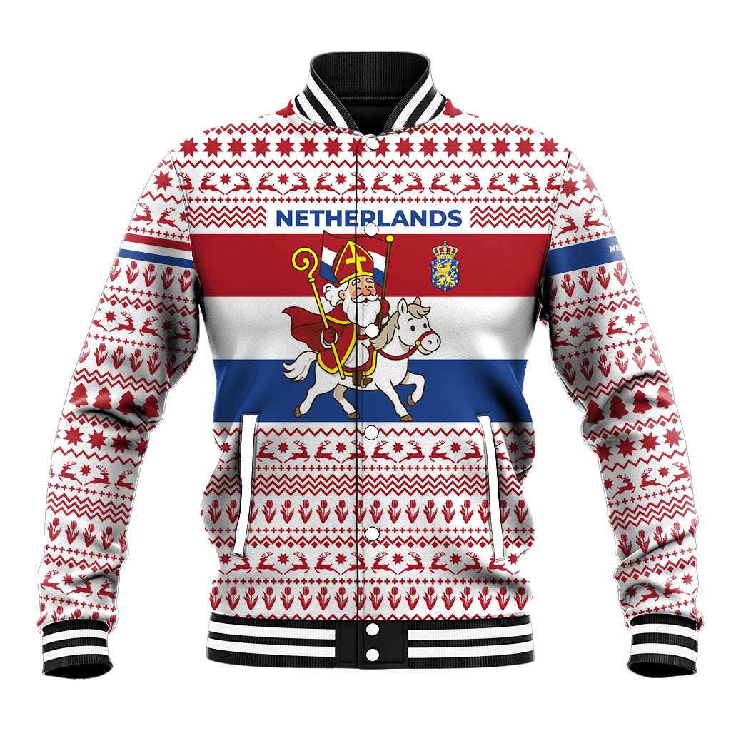 Netherlands Christmas Baseball Jacket with Sinterklaas Horse Dutch Flag and Festive Knit Pattern - Wonder Print Shop