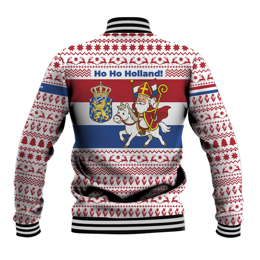 Netherlands Christmas Baseball Jacket with Sinterklaas Horse Dutch Flag and Festive Knit Pattern - Wonder Print Shop