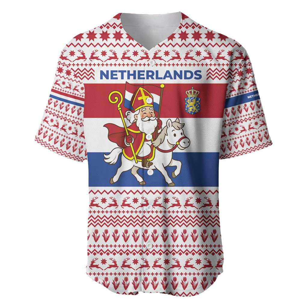 Netherlands Christmas Baseball Jersey with Sinterklaas Horse Dutch Flag and Festive Knit Pattern - Wonder Print Shop
