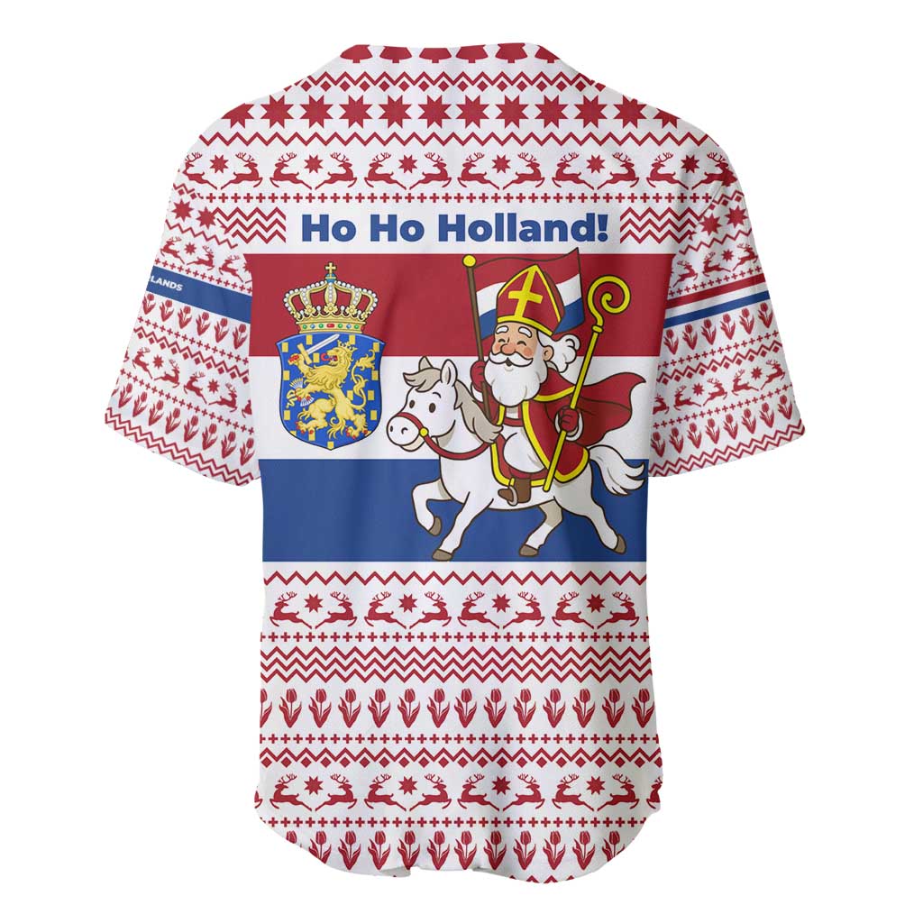Netherlands Christmas Baseball Jersey with Sinterklaas Horse Dutch Flag and Festive Knit Pattern - Wonder Print Shop