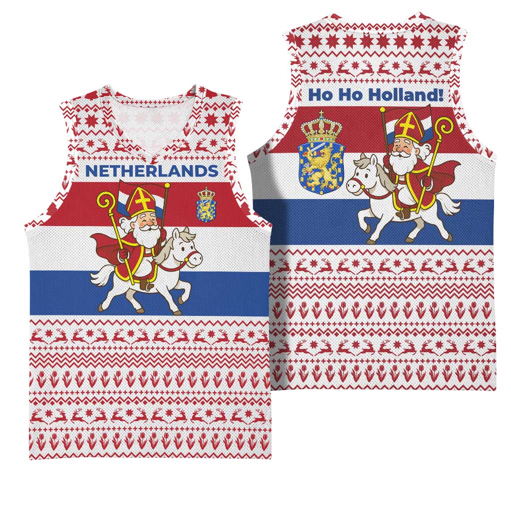 Netherlands Christmas Basketball Jersey with Sinterklaas Horse Dutch Flag and Festive Knit Pattern - Wonder Print Shop