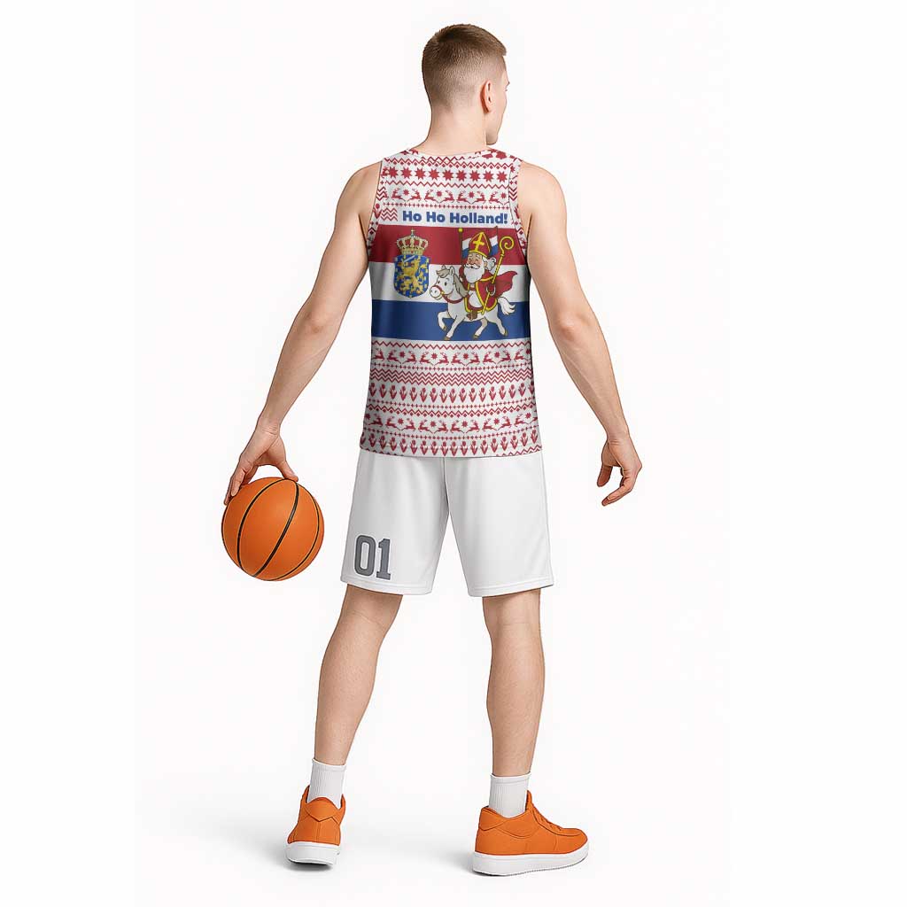 Netherlands Christmas Basketball Jersey with Sinterklaas Horse Dutch Flag and Festive Knit Pattern - Wonder Print Shop