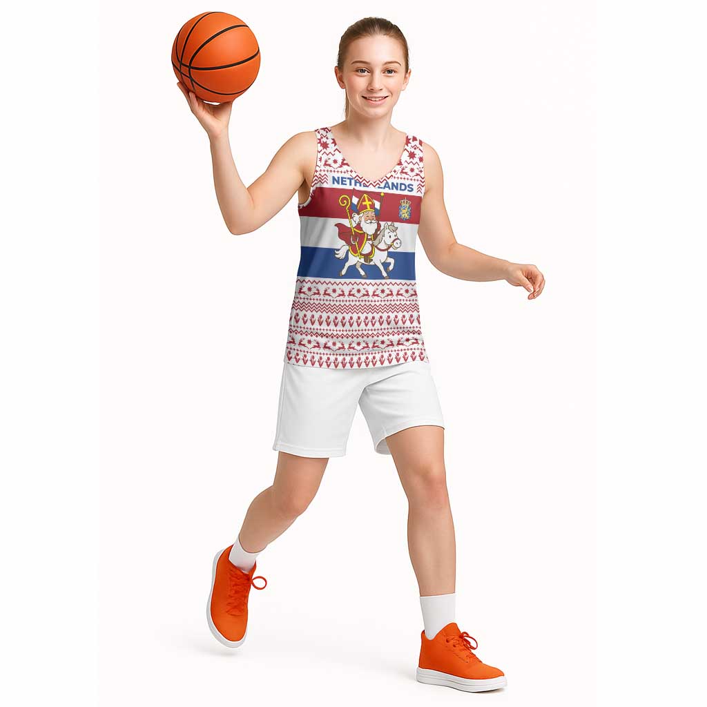 Netherlands Christmas Basketball Jersey with Sinterklaas Horse Dutch Flag and Festive Knit Pattern - Wonder Print Shop
