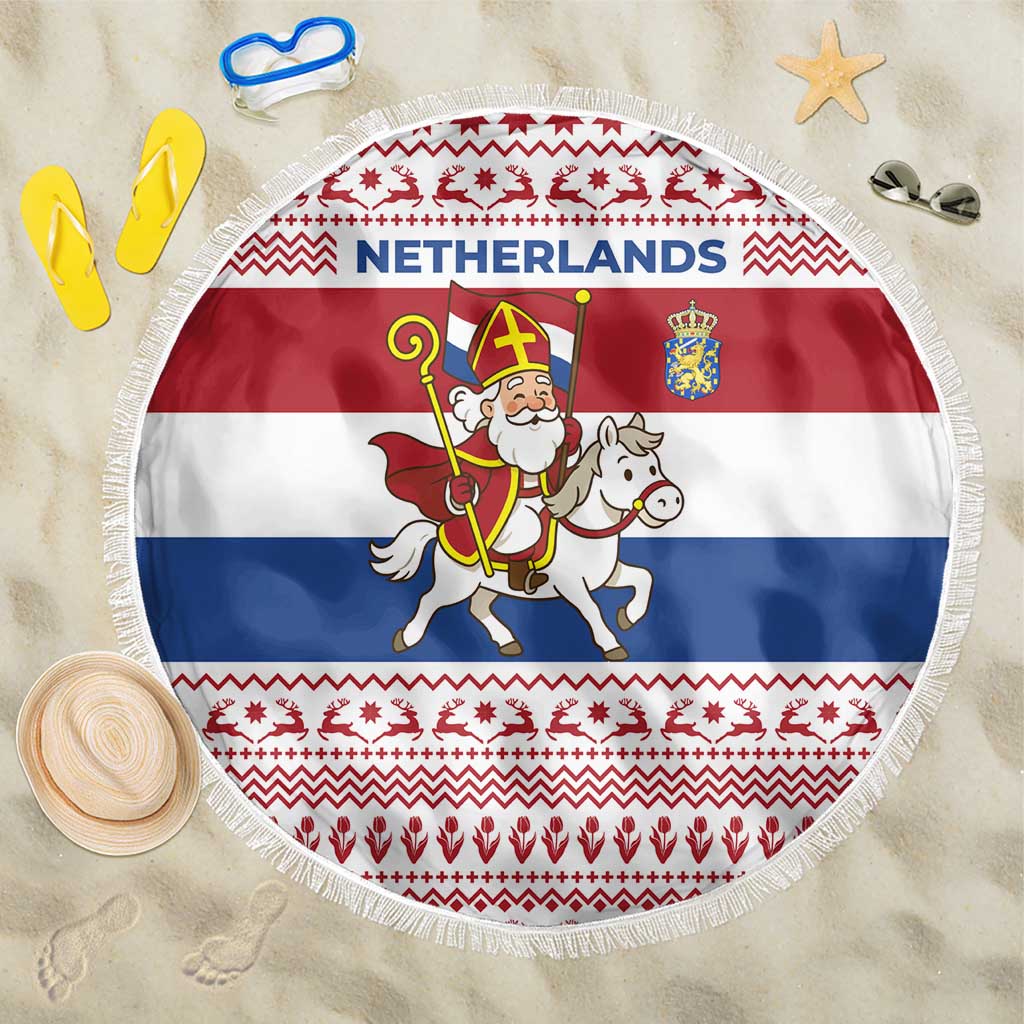 Netherlands Christmas Beach Blanket with Sinterklaas Horse Dutch Flag and Festive Knit Pattern - Wonder Print Shop