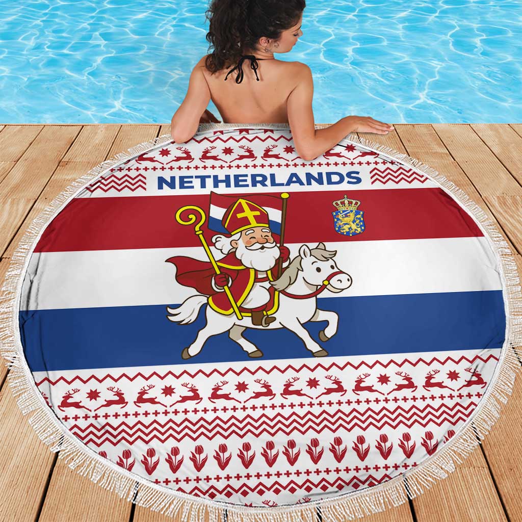 Netherlands Christmas Beach Blanket with Sinterklaas Horse Dutch Flag and Festive Knit Pattern - Wonder Print Shop
