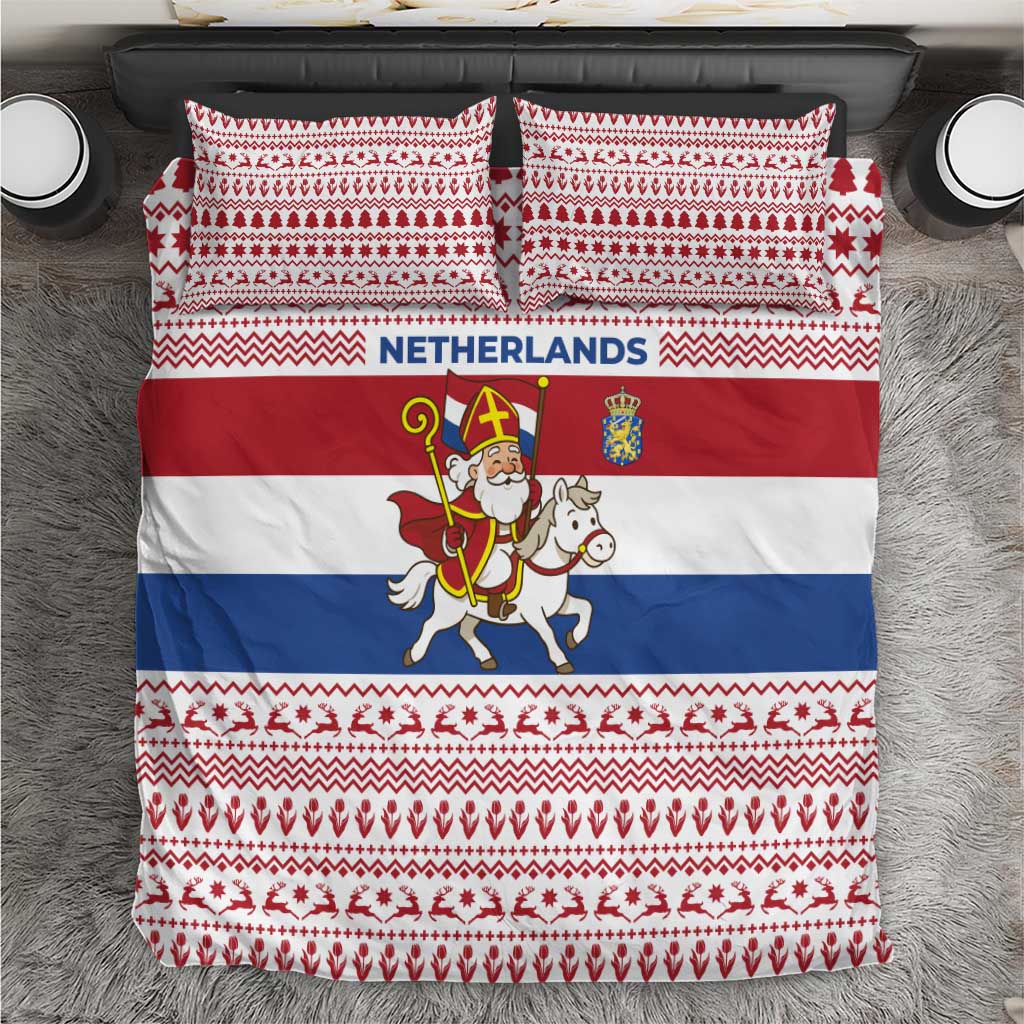 Netherlands Christmas Bedding Set with Sinterklaas Horse Dutch Flag and Festive Knit Pattern - Wonder Print Shop
