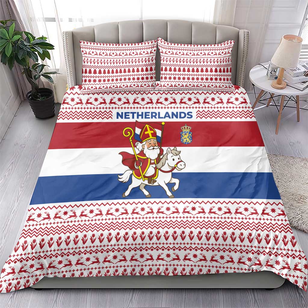 Netherlands Christmas Bedding Set with Sinterklaas Horse Dutch Flag and Festive Knit Pattern - Wonder Print Shop
