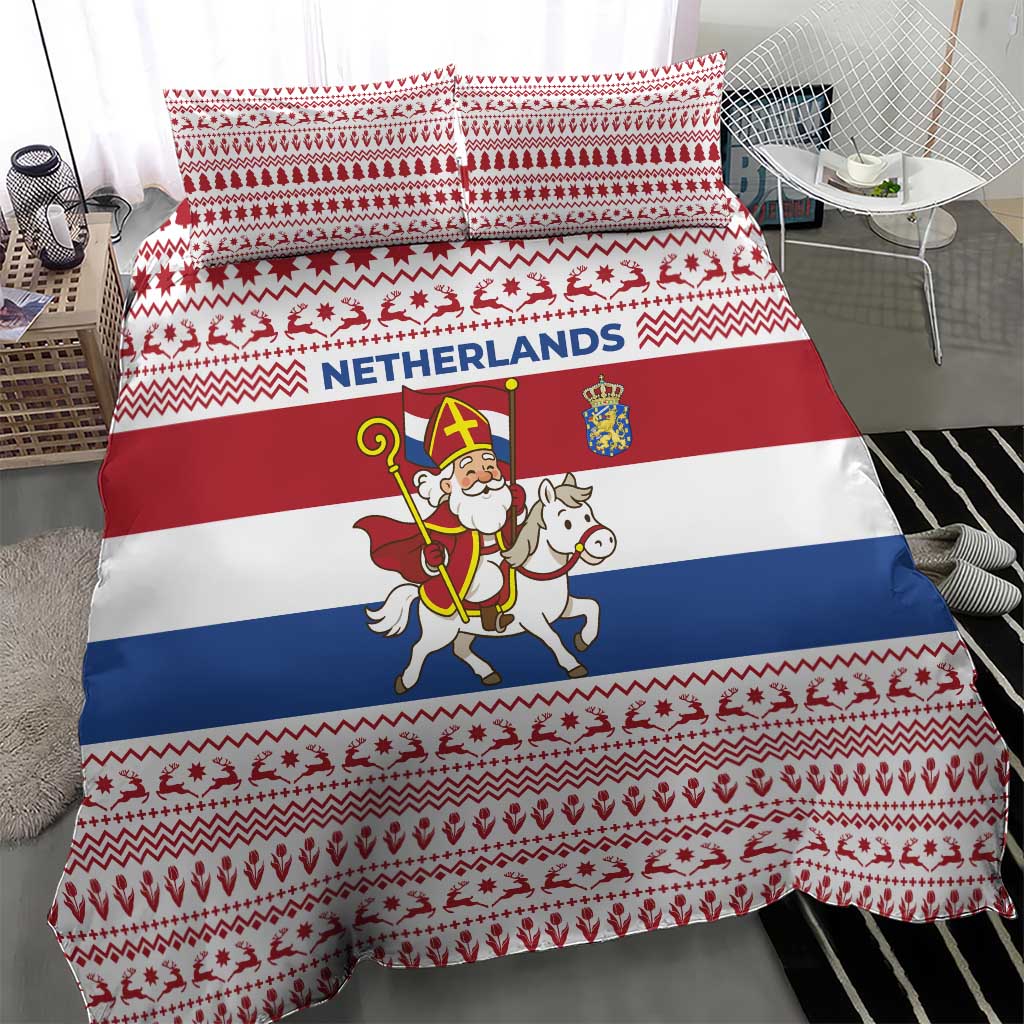 Netherlands Christmas Bedding Set with Sinterklaas Horse Dutch Flag and Festive Knit Pattern - Wonder Print Shop