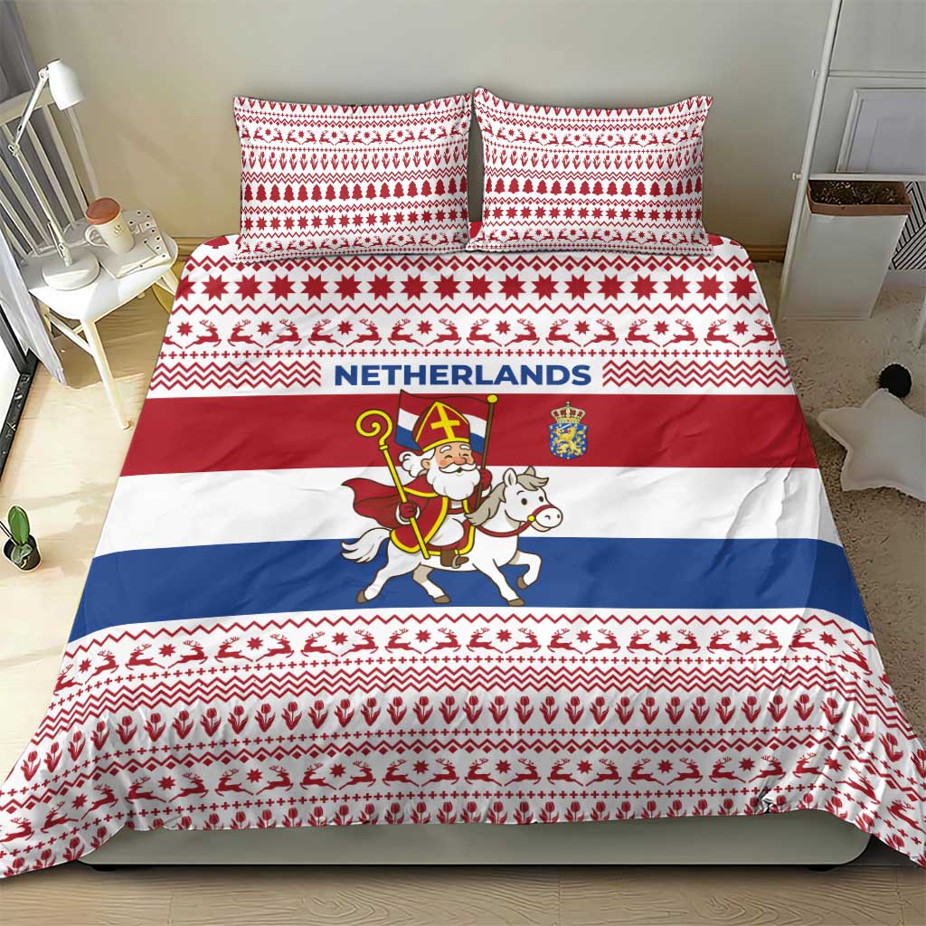 Netherlands Christmas Bedding Set with Sinterklaas Horse Dutch Flag and Festive Knit Pattern - Wonder Print Shop
