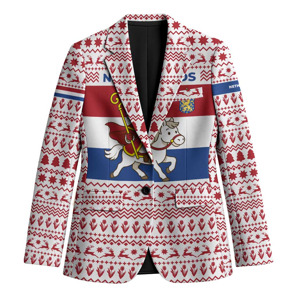 Netherlands Christmas Blazer with Sinterklaas Horse Dutch Flag and Festive Knit Pattern - Wonder Print Shop