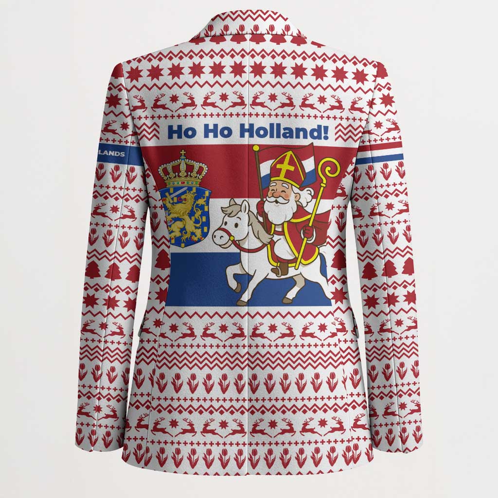Netherlands Christmas Blazer with Sinterklaas Horse Dutch Flag and Festive Knit Pattern - Wonder Print Shop