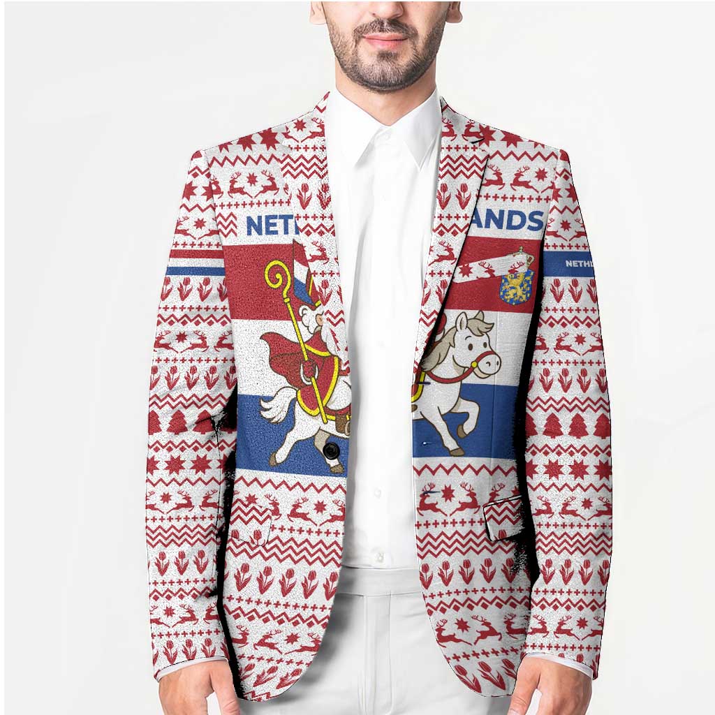Netherlands Christmas Blazer with Sinterklaas Horse Dutch Flag and Festive Knit Pattern - Wonder Print Shop